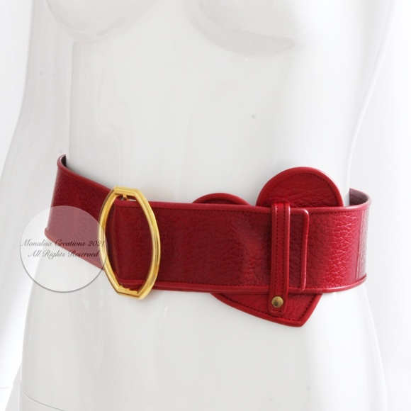 Yves Saint Laurent Wide Belt YSL Vintage Red Leather with Heart HTF Vintage - Picture 5 of 10